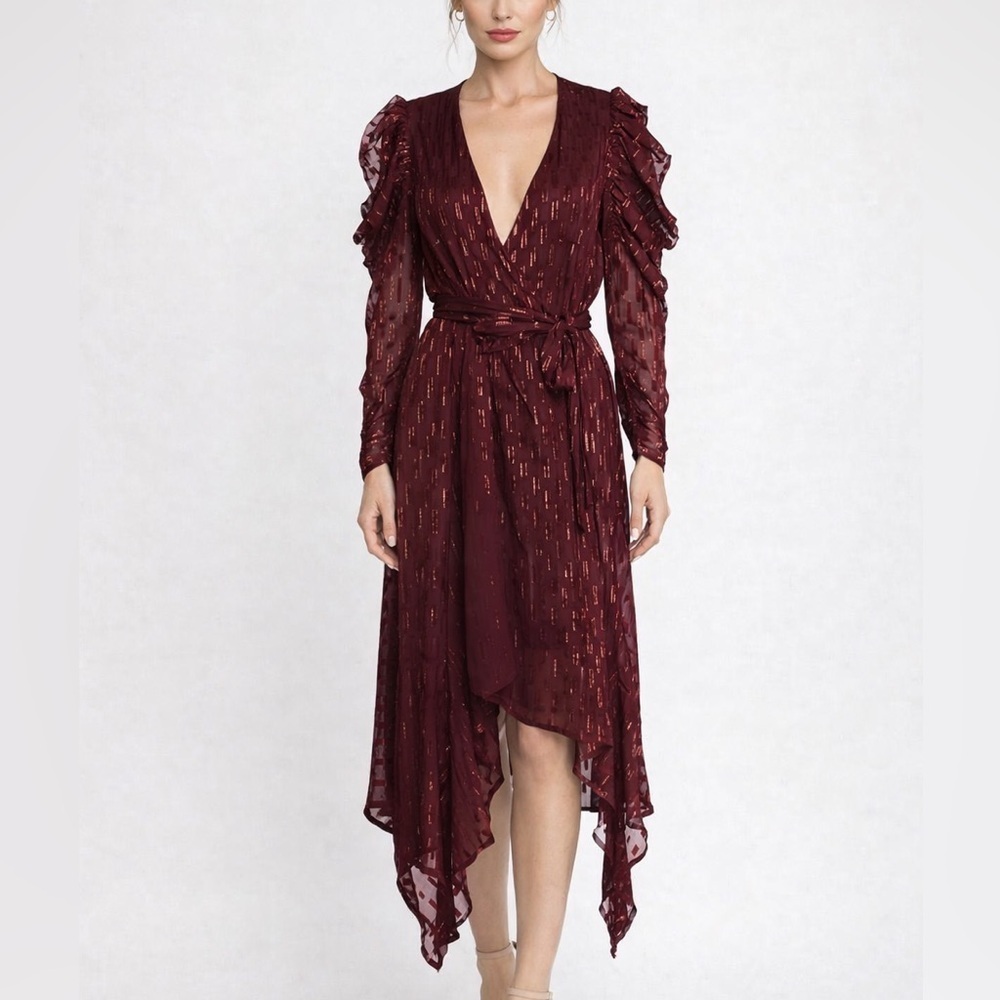 Walter Baker Burgundy Metallic Wrap Dress | Ruffle Sleeve Asymmetrical Hem Small